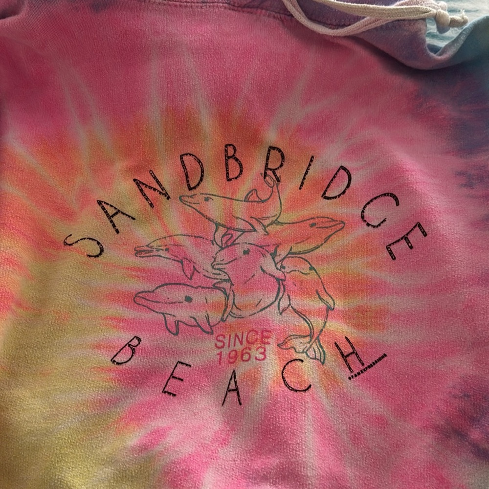 Sandbridge Beach Tie Dye hoodie in a large multicolored with dolphins on front